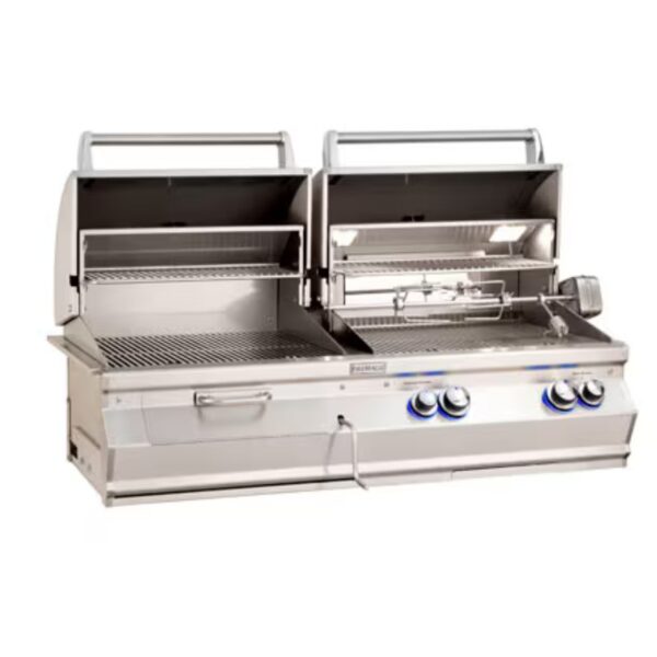 Stainless steel gas grill with dual cooking areas, featuring open lids, warming racks, and control knobs for precise cooking management.