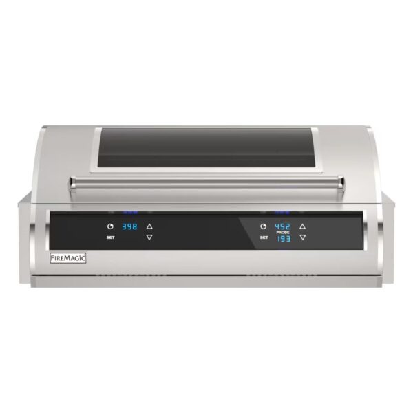 Stainless steel grill with digital temperature controls and display, featuring temperature settings and probe readings for precise cooking.