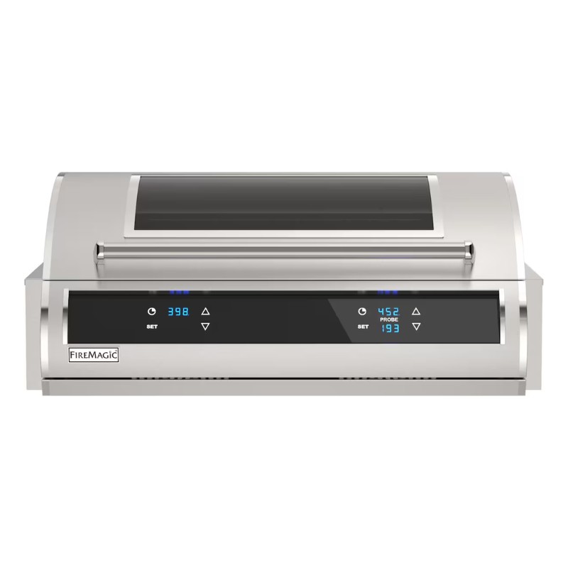 Stainless steel grill with digital temperature controls and display, featuring temperature settings and probe readings for precise cooking.