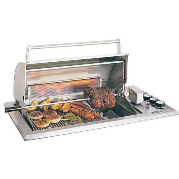 Stainless steel grill featuring a rotisserie, cooking various meats and vegetables, with charcoal and gas heat options.