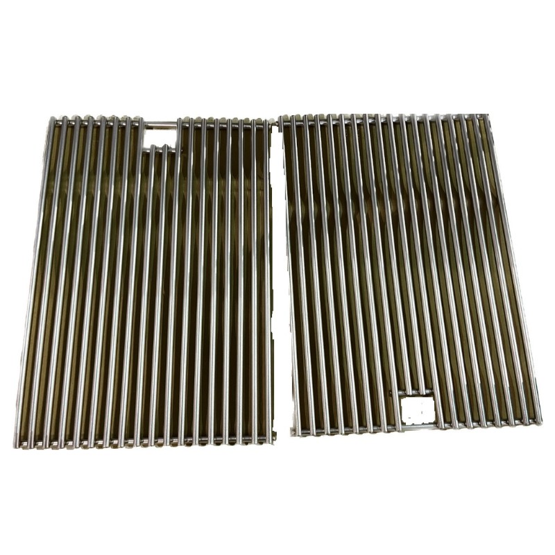 Stainless steel grill grates designed for a barbecue, featuring parallel slats and an open section for easy handling.