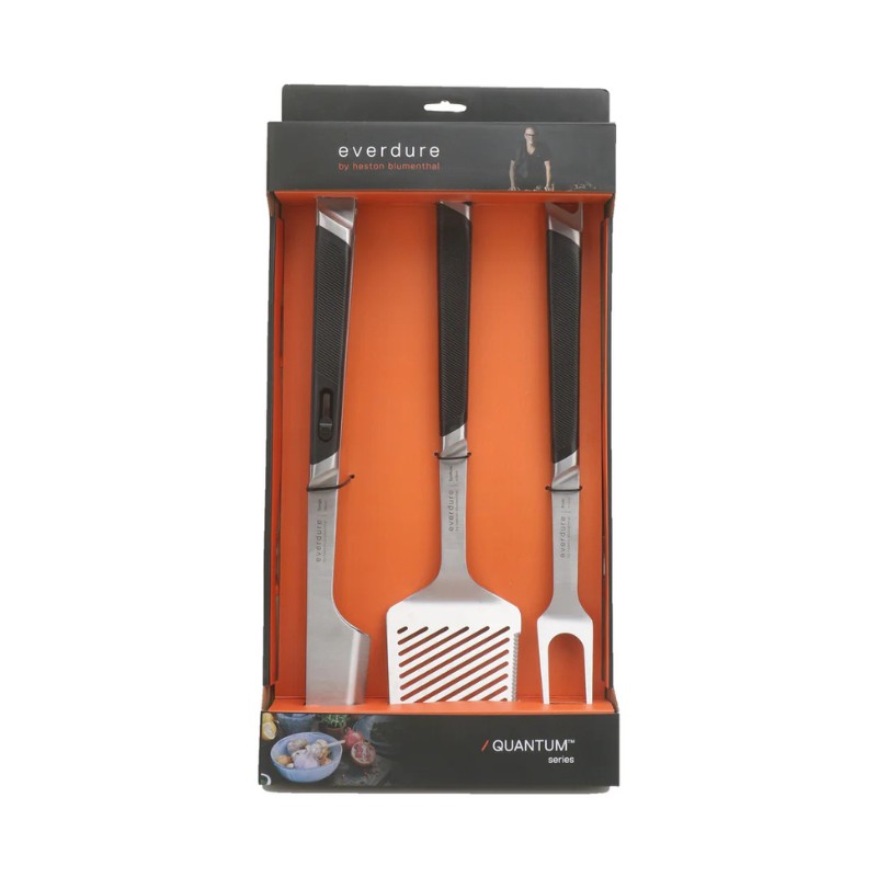 Set of three premium barbecue tools from Everdure by Heston Blumenthal, featuring a spatula, fork, and tongs, displayed in a sleek packaging design.