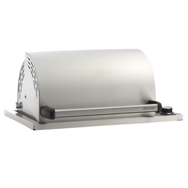 Stainless steel gourmet food warming tray with a curved lid and heat control knob, ideal for keeping dishes warm.