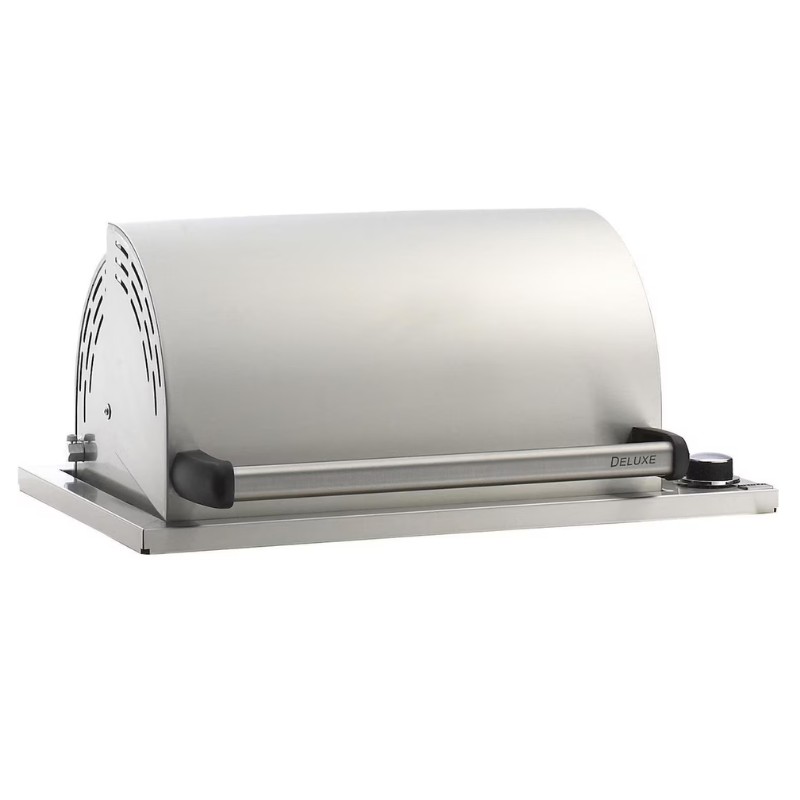 Stainless steel gourmet food warming tray with a curved lid and heat control knob, ideal for keeping dishes warm.