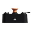 Black coffee kettle with a wooden handle and dual spouts for precision pouring, designed for drip coffee brewing.