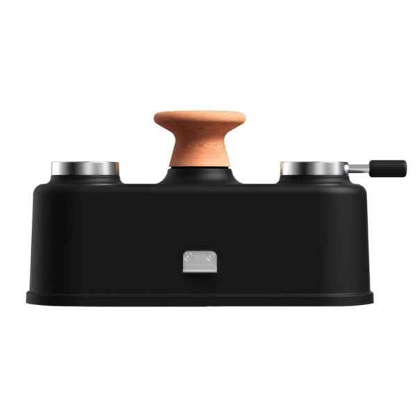 Black coffee kettle with a wooden handle and dual spouts for precision pouring, designed for drip coffee brewing.