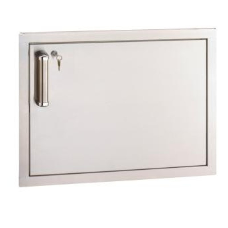 Stainless steel access door with a key lock and handle, suitable for secure entry in commercial spaces.