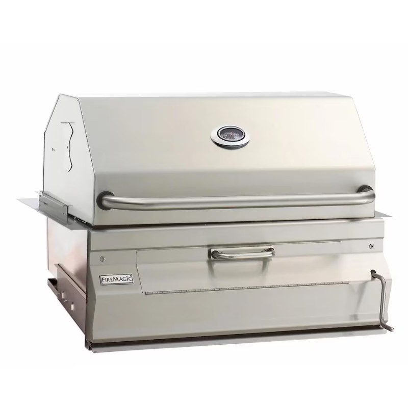 Stainless steel outdoor grill with a sleek design, featuring a hinged lid, built-in thermometer, and a front storage area. Ideal for barbecuing and outdoor cooking.