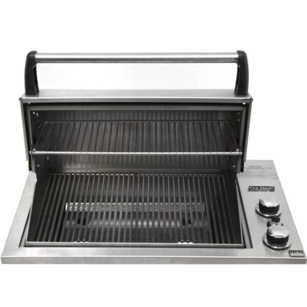 Stainless steel built-in grill with dual burners and two adjustable cooking racks, ideal for outdoor cooking and barbecue enthusiasts.