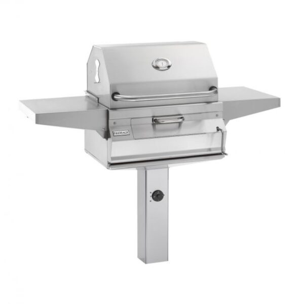 Stainless steel outdoor grill with foldable side tables and adjustable temperature knob, ideal for barbecues and outdoor cooking.