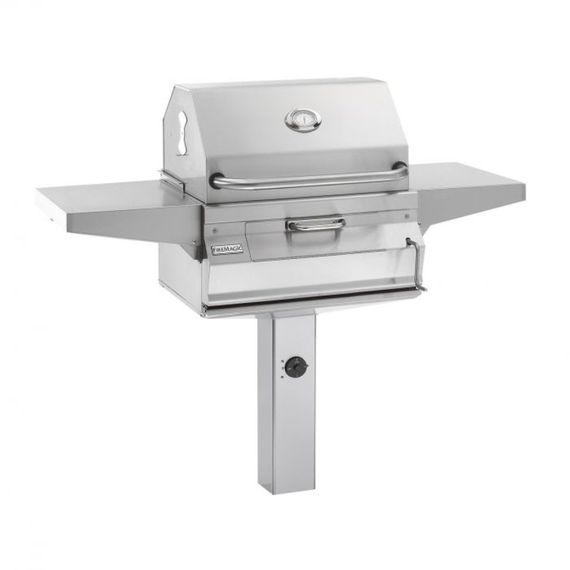 Stainless steel outdoor grill with foldable side tables and adjustable temperature knob, ideal for barbecues and outdoor cooking.