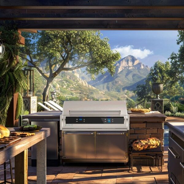 Outdoor kitchen with a modern grill, surrounded by mountains and trees, featuring a dining table with food and a serene landscape.
