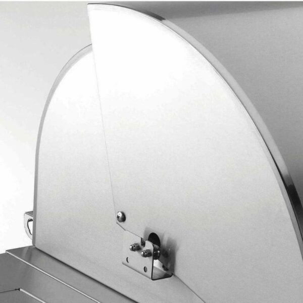 Stainless steel pizza oven dome featuring a curved top and secure latch mechanism for heat retention and durability.