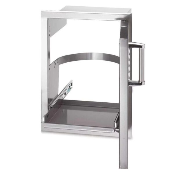 Stainless steel kitchen cabinet with an open design and sliding drawer, ideal for storage and organization in modern kitchens.
