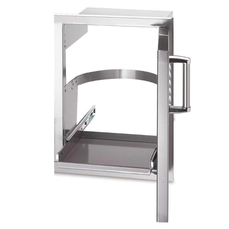 Stainless steel kitchen cabinet with an open design and sliding drawer, ideal for storage and organization in modern kitchens.