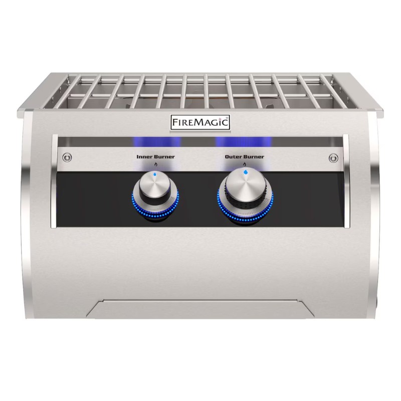 FireMagic stainless steel grill head featuring two adjustable burner knobs with blue LED indicators for precise temperature control.
