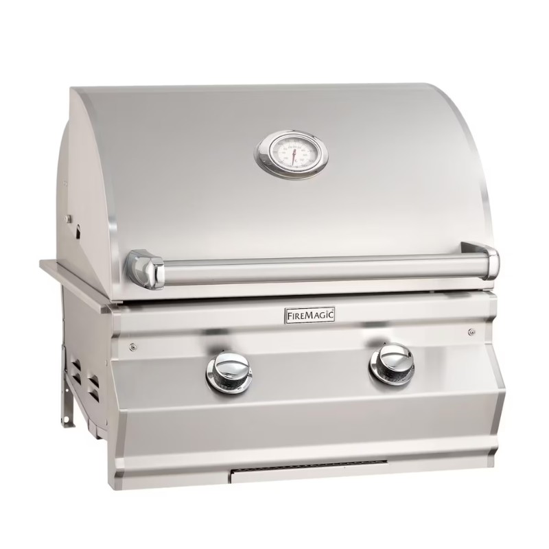 Stainless steel gas grill with a sleek design, features two control knobs and a front-mounted temperature gauge, ideal for outdoor cooking.