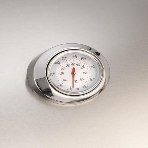 Stainless steel cooking thermometer displaying temperature in Celsius and Fahrenheit, featuring a red indicator needle and a sleek design.