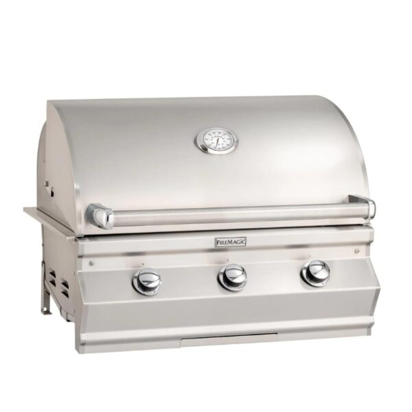 Stainless steel outdoor grill with three control knobs and a built-in thermometer, designed for high-performance cooking.