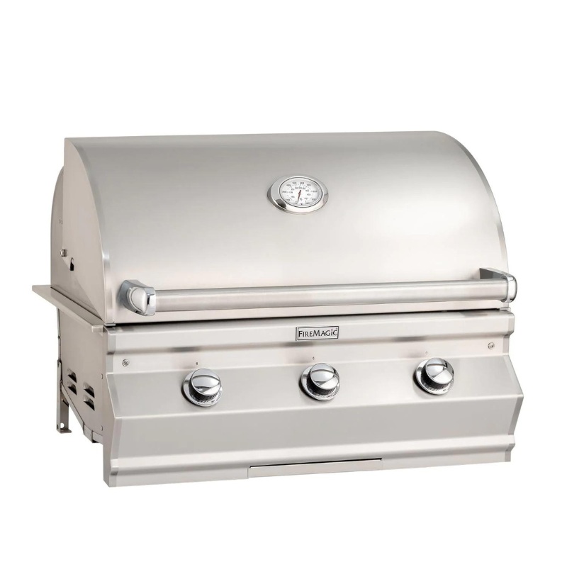 Stainless steel outdoor grill with three control knobs and a built-in thermometer, designed for high-performance cooking.