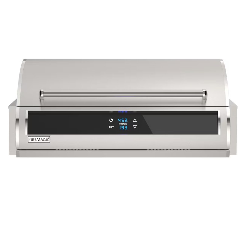 Fire Magic stainless steel grill with digital temperature display and control panel, showing set temperature and probe reading.
