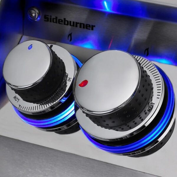 Close-up of sideburner control knobs with illuminated blue accents, showcasing high and low settings on a stainless steel grill.
