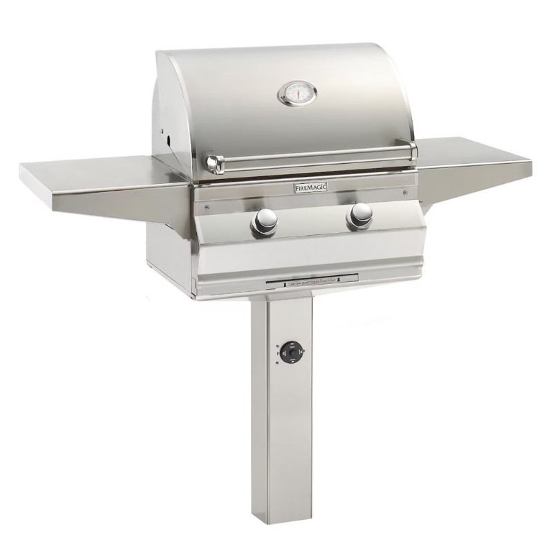 Stainless steel outdoor gas grill with side shelves and two control knobs, featuring a temperature gauge on the lid.