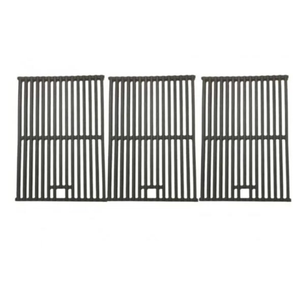 Three black grilling grates with vertical slats, designed for even cooking and optimal heat distribution. Suitable for various grill types.