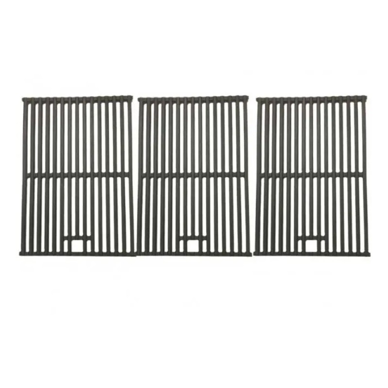 Three black grilling grates with vertical slats, designed for even cooking and optimal heat distribution. Suitable for various grill types.