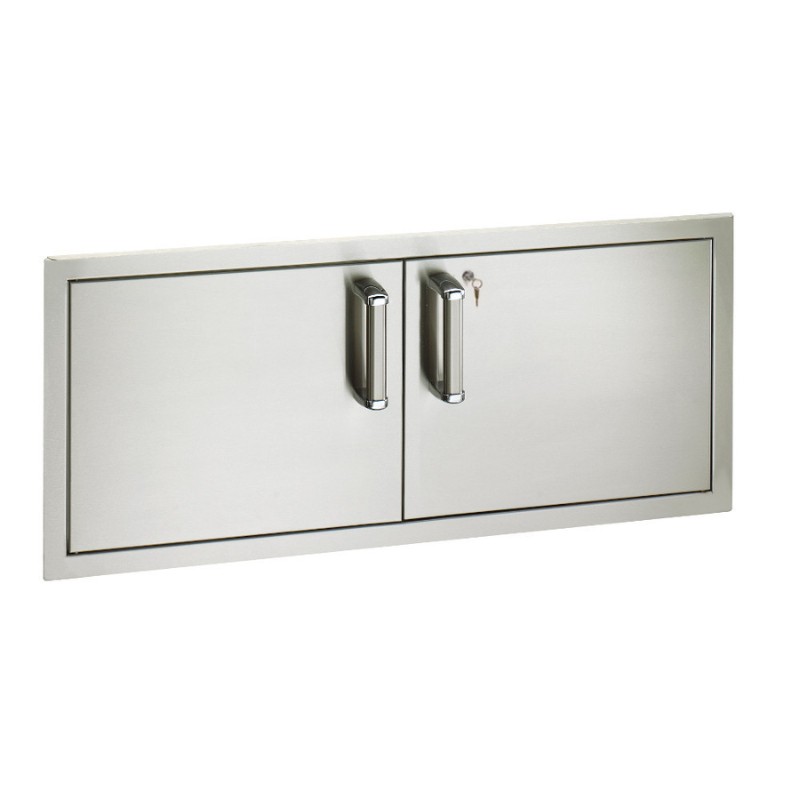Stainless steel double door access panel with sleek handles and a keyhole for secure locking. Ideal for maintenance access in walls or ceilings.