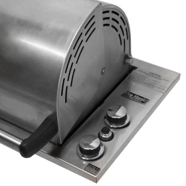 Stainless steel gas grill with a rounded lid and two control knobs, designed for outdoor cooking.