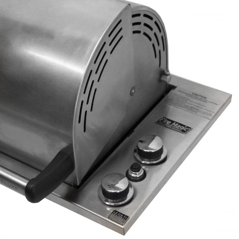 Stainless steel gas grill with a rounded lid and two control knobs, designed for outdoor cooking.