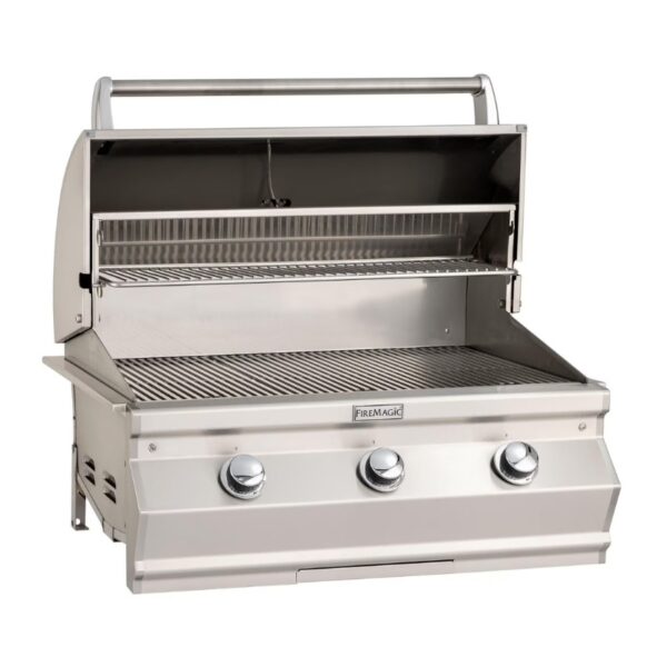 Stainless steel outdoor grill with three burners, a cooking surface, and an open lid for easy access. Ideal for barbecuing and grilling enthusiasts.