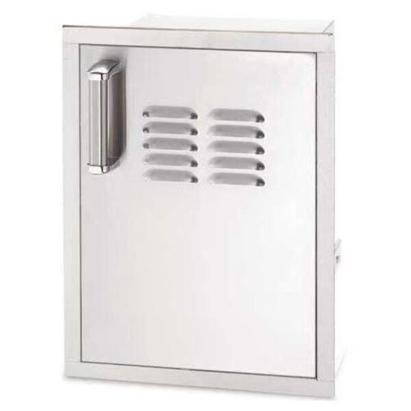 Stainless steel outdoor storage cabinet with a vented door and side handle, designed for durability and ventilation.