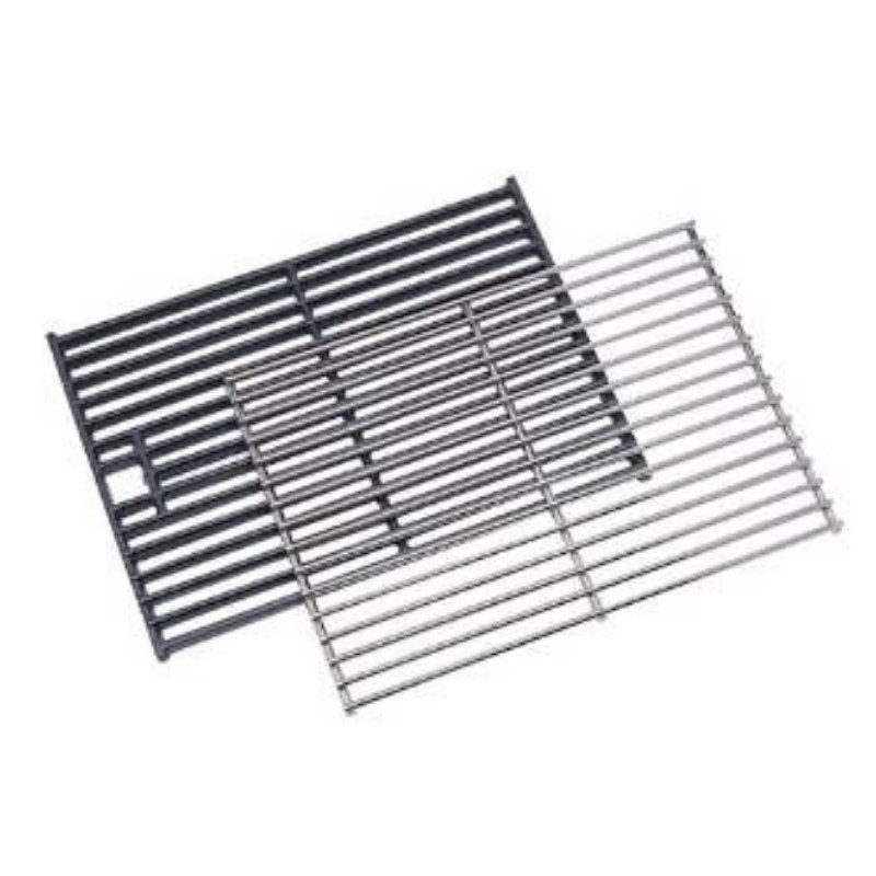 Two grill cooking racks, one black and one silver, positioned overlapping on a white background.