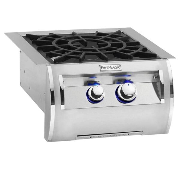 Stainless steel outdoor gas cooktop with black burner grates and two adjustable knobs for precise temperature control. Suitable for grilling and cooking outdoors.