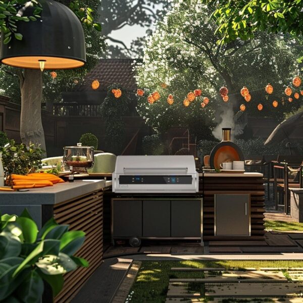 Modern outdoor kitchen featuring sleek cabinetry, a grill, and vibrant decor, surrounded by greenery and festive lights.