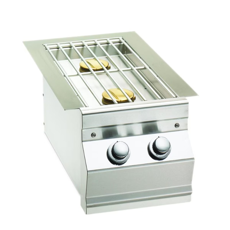 Stainless steel built-in gas grill with two burners and slotted cooking grate, designed for outdoor kitchens.