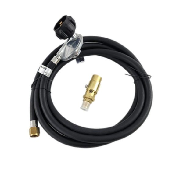 High-pressure gas regulator and hose assembly with a brass fitting for secure connections and optimal gas flow. Ideal for propane applications.