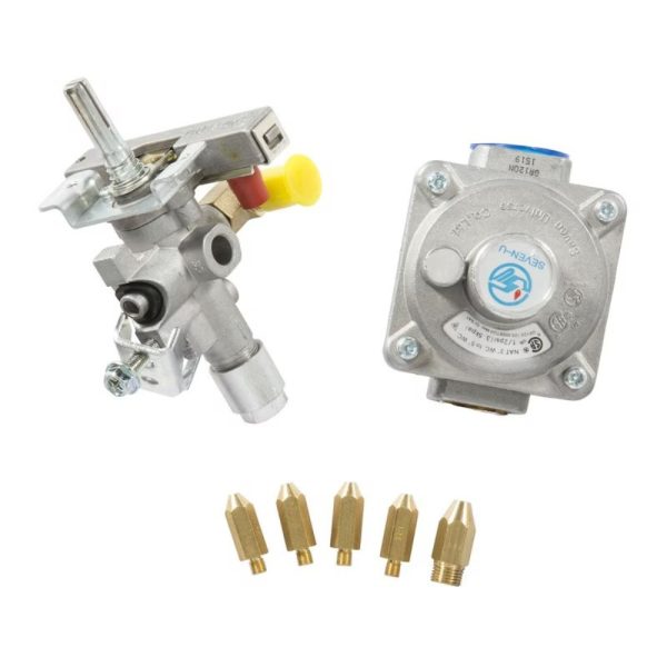 Gas valve assembly with a pressure regulator and five brass nozzles for gas appliances.