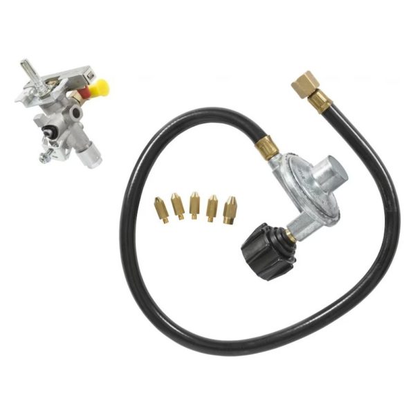 Gas regulator assembly with a flexible hose and multiple brass nozzles for gas appliances.