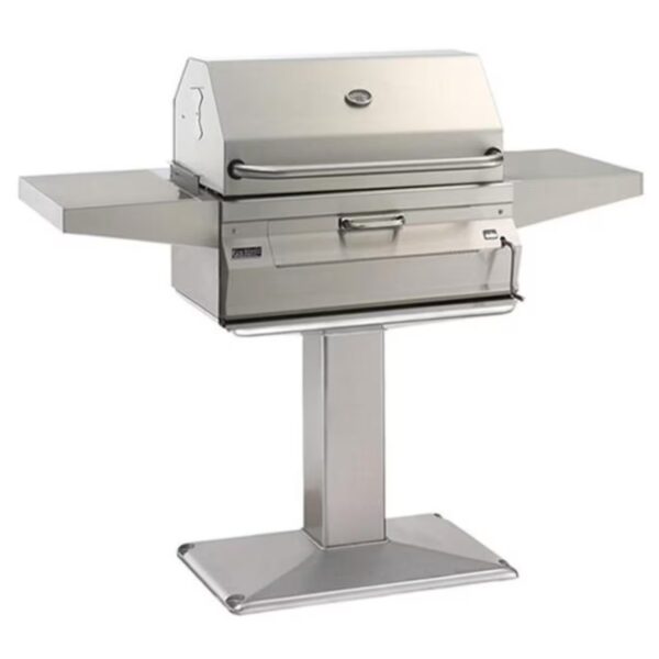 Stainless steel outdoor grill with foldable side shelves and a sleek modern design, ideal for backyard barbecues.