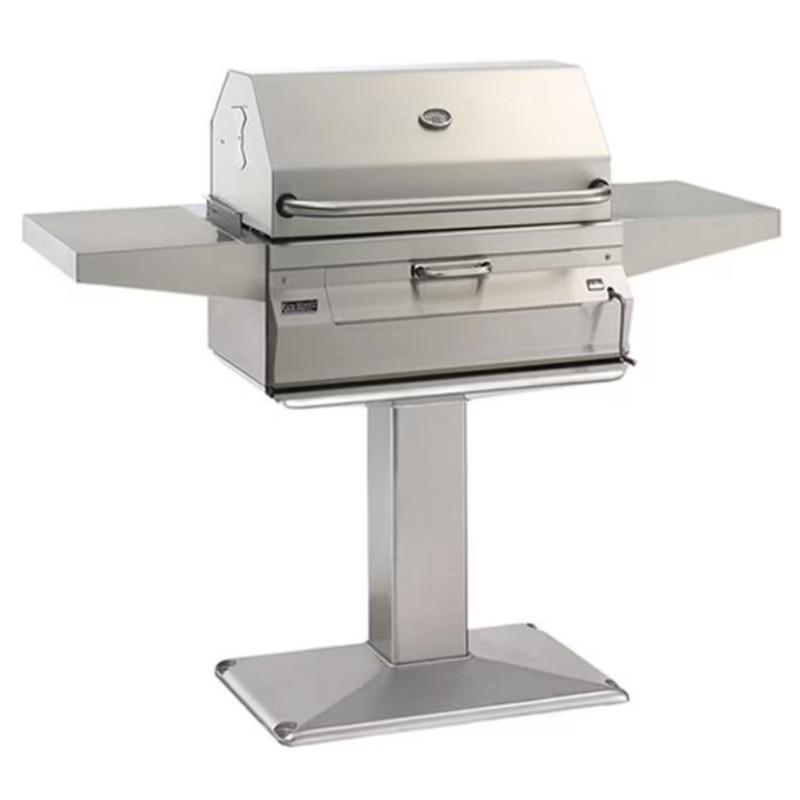Stainless steel outdoor grill with foldable side shelves and a sleek modern design, ideal for backyard barbecues.
