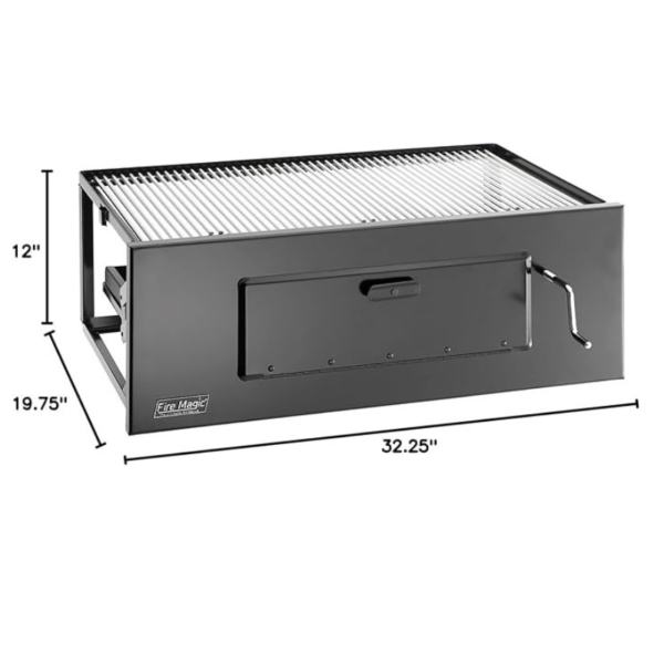 Fire Magic outdoor grill with a sleek design, measuring 32.25 inches in width, 19.75 inches in depth, and 12 inches in height, featuring a durable construction and grilling grates for optimal cooking.