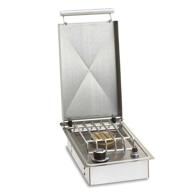 Portable stainless steel camping stove with an open lid, featuring a burner and grill grates for outdoor cooking.