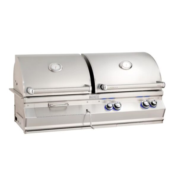 Stainless steel double-burner gas grill featuring two domed lids, temperature gauge, and illuminated control knobs for an outdoor cooking experience.