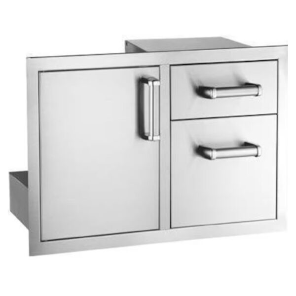 Stainless steel outdoor kitchen storage cabinet with two drawers and one cupboard.