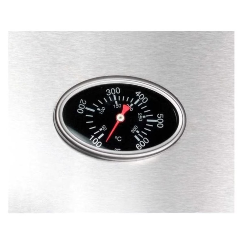 Oven temperature gauge displaying a range from 100°F to 600°F, with a needle pointing to approximately 150°C on a stainless steel background.