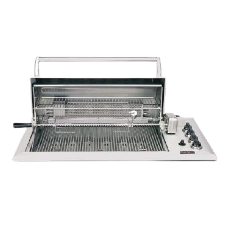 Stainless steel outdoor rotisserie grill with multiple burners, featuring an open lid and rotisserie setup for cooking large cuts of meat.