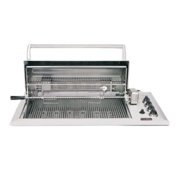 Stainless steel outdoor grill with a rotisserie and multiple control knobs for temperature adjustment.